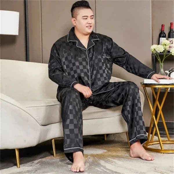5XL 165kg Plus Size Pajamas Men Spring Satin Silky Sleepwear Long Sleeve Loungewear TwoPiece ButtonDown Pj Set Home Clothes 260528