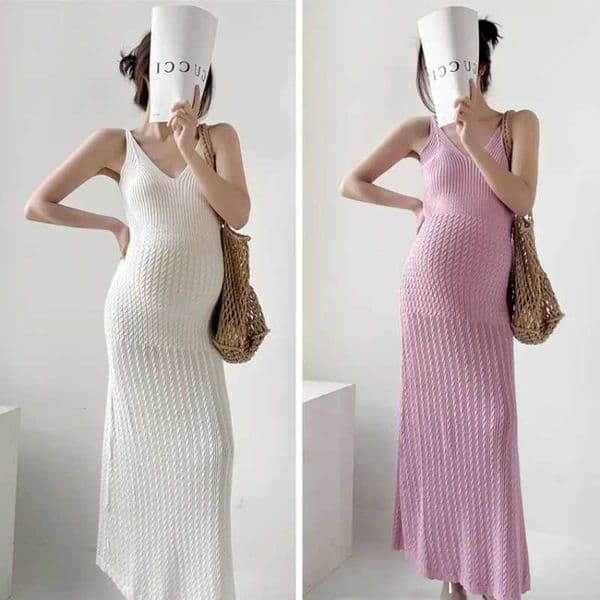 Pregnant Womens Summer French Style V-neck Knitted Camisole Dress Summer Slim Fit Inner Layer Vacation Skirt L260528KFJA