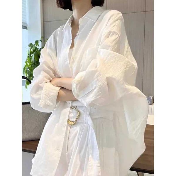 White Sunscreen Cotton and Linen Long-sleeved Shirt Jacket Womens Summer Thin Cardigan with Linen Shirt Top M260527