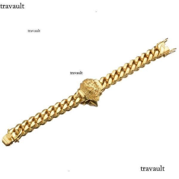 Real Gold Plated Miami Cuban Link Chain Lion Head Men Hip Hop Stainless Steel Jewelry Bracelets