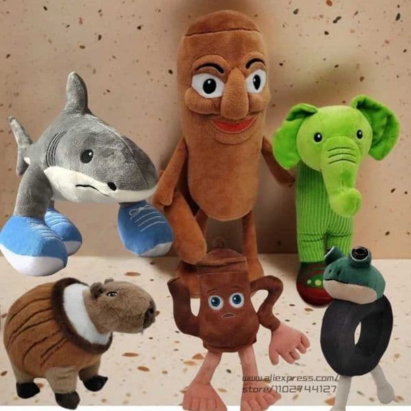 Plush Sneakers Shark Monsters toys Capybara in Wooden Barrel Bucket Wheel Frog Wooden Man Anime Figure Doll Toys For Kids L260527