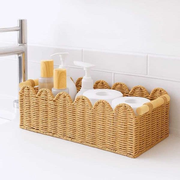 Rectangular Paper Rope Storage Basket Handwoven Scalloped Edge Toilet Paper Storage Basket Decorative HandmadeJ260527