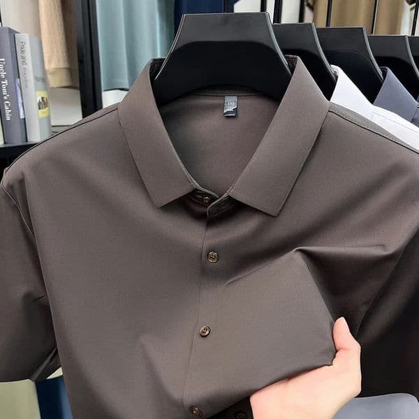 Mens Ice Silk Royal Blue Short Sleeve Dress Shirt Wrinkle-resistant Easy Care Travel Top 260527