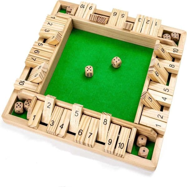 Wooden Shut The Box Game 2-4 Players - Large 4 Sided Board 2 Dice Rules - Amusing Addition Game for Kids Adults 12 Inch L260528