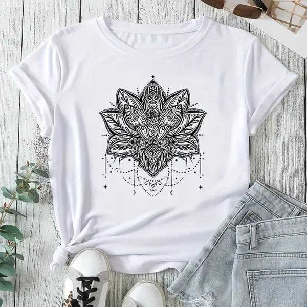 Casual T-shirt Womens Plus Mandala Print Short Sve Round Neck Slight Stretch T-shirt D260528