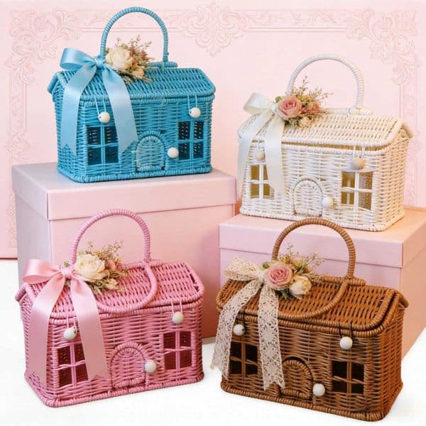 Handwoven Imitation Rattan Storage Basket with Lid Handle Cute House Shape Picnic Basket Multifunctional Decor Gift BasketJ260527