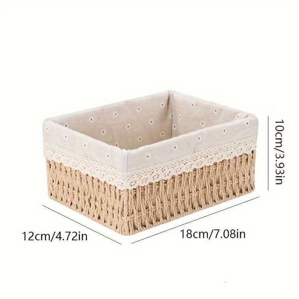 1pc Handmade Rattan Storage Basket Desktop Rattan Storage Basket With Removable Lace Lining Suitable For Cosmetic Storage J260528
