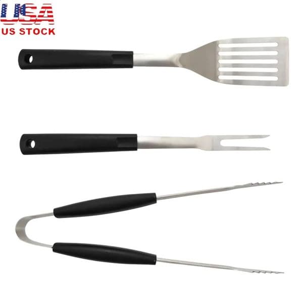 3 Piece Stainless Steel Barbecue Tool Set Fork Tongs Spatula Grilling Utensils Durable Plastic Handle BBQ Cooking 260527
