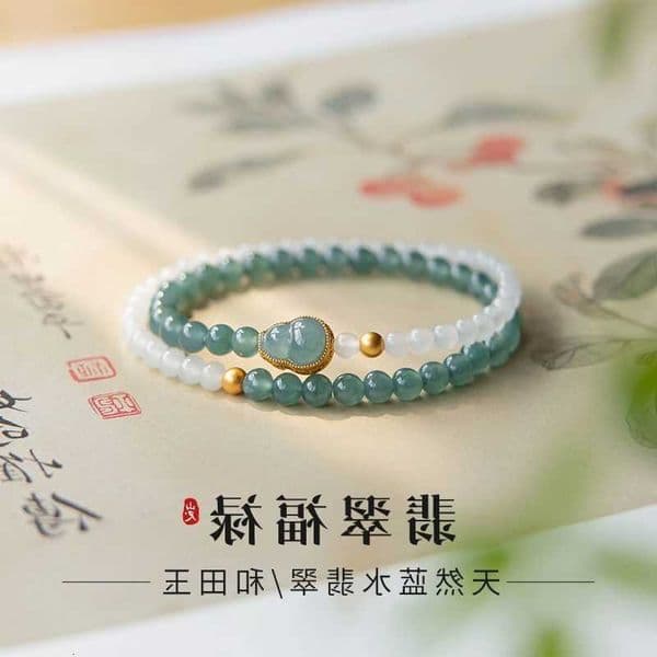 Real Jade Bracelet with Hetian Jade Inlaid Jewelry Gourd Natural Blue Water Exquisite Stacked Double Round Beads Hand String H260528