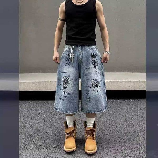American high street vibe style graffiti print denim shorts for men and women new summer loose-fit trendy brand cropped shorts L260528