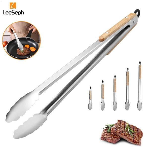 Stainless Steel Cooking Tong with Oak Handle Barbecue Tong Salad Tong with Locking Ring Kitchen Gadget for Salad Grilling BBQ 260527