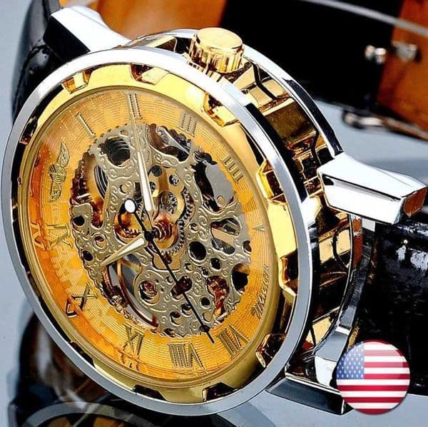 Fashion Winner Black Leather Band Stainless Steel Skeleton Mechanical Watch For Man Gold Mechanical Wrist Watch Luxury BrandR260528