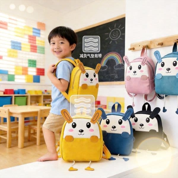 Feng Chiyue Canvas Toddler Backpack Cute Cartoon Kids Shoulder Bag Portable Kindergarten Daypack for Boys Girls Aged one to three Years Old