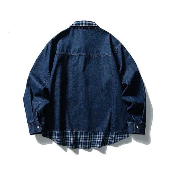 Plaid Splice Denim Shirt Men Japanese Streetwear Fashion Loose Casual Long Sleeve Denim Shirts Cityboy Oversize Jeans Blouses M260527