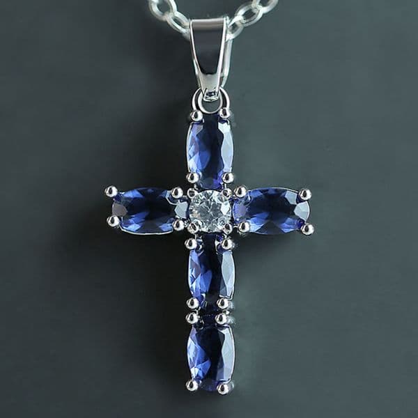 Designer Luxury Silver Tone Cross Pendant Necklace, Blue Cubic Zirconia with Clear Center Stone, High-End Religious Statement Jewelry for Women