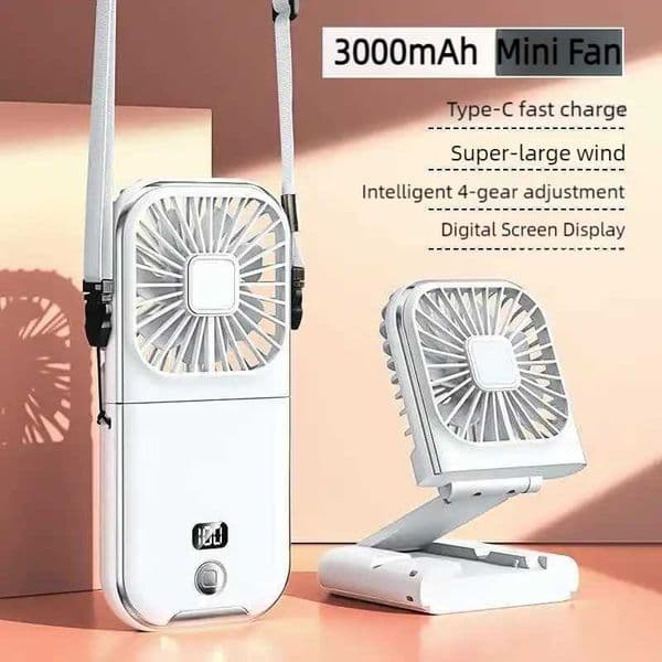3000mAh Battery Handheld Outdoor Small Fan Portable Small Halterneck Adjustable Speeds Foldable USB Charging Cooling Artifact C260528