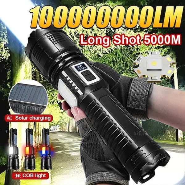 100000000LM Most Powerful Flashlight Solar Charging Tactical Lantern With COB Light Rechargeable Lamps Outdoor Camping FishingR260528
