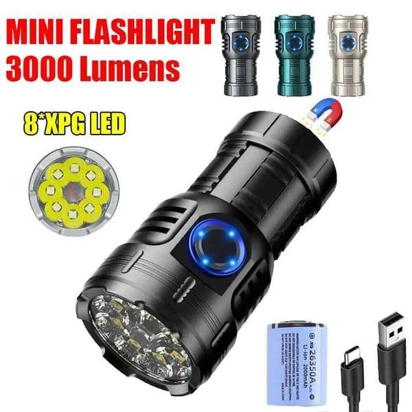 High Bright 8 LED Aluminum Alloy Tactical Flashlight 26350 Battery Type-C Rechargeable Magnet Emergency Lantern S260527