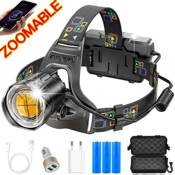 Powerful XHP100 Led Headlamp Zoomable USB Rechargeable Headlight Waterproof Output 18650 Head Torch Fishing Flashlight Camping S260527