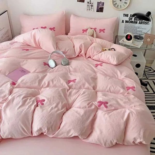 2026 New Cute Pink Bow Down 3 Piece 3D Embroidery Bedding Pink Bed Set cologne Comfortable Queen Comforter perfume Set Soft For Girls, Kids, Teens Free Shi 6 13 9