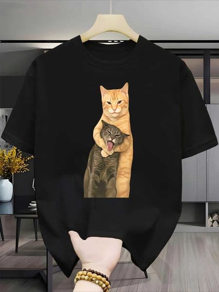 Summer Mens and Womens Identical Round-neck Short-sved Pure Cotton T-shirts Specially Designed for Cat Lovers D260528