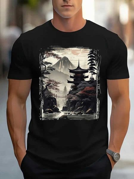 Serene Japanese Ukiyo E Tee with Mountain Pagoda and Ink Wash Art 100 Cotton Mens T-shirt Summer Casual Wear D260528