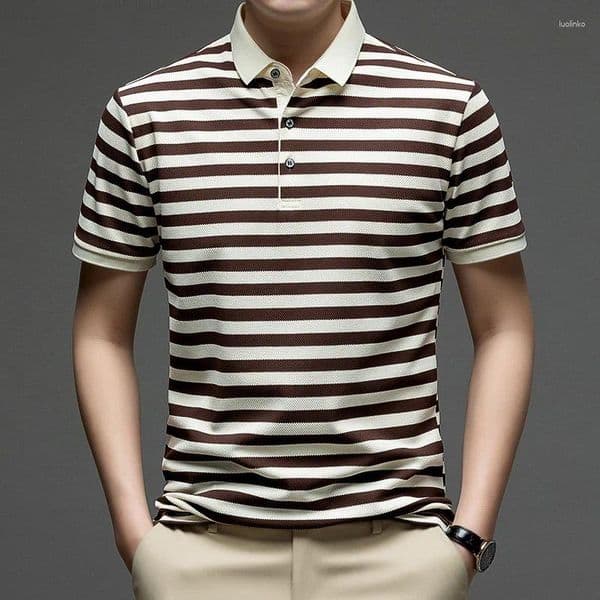 Men's Polos Mens Casual Striped Polo Shirt Short Sleeve Regular Fit Collared Top For Holiday And Business Trip