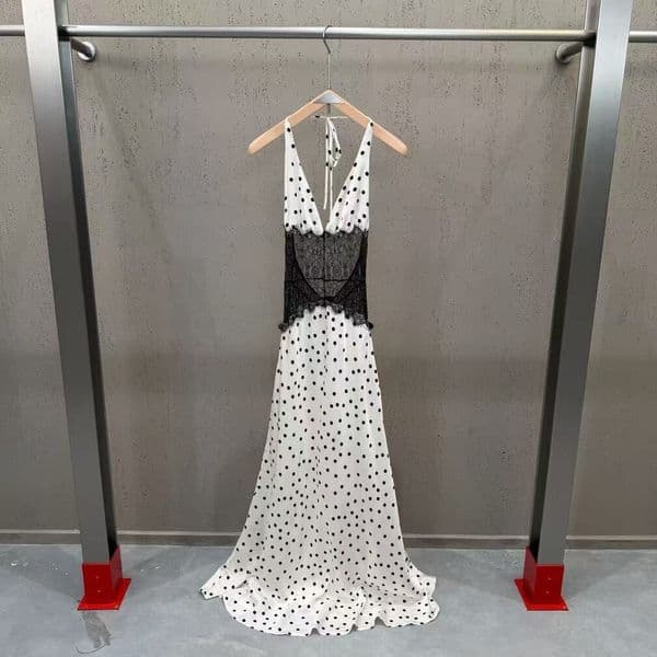 2026 Spring New High-End European and American Style Elegant Polka Dot Lace Patchwork Waist-Cinching Halter Neck Sexy Dress for Women