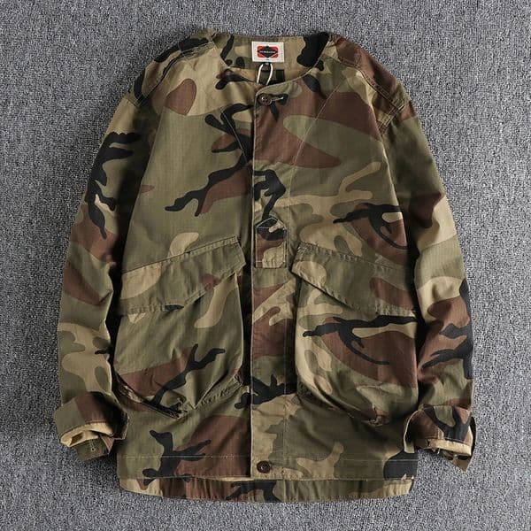 Autumn Japanese Retro Woven Cargo Jacket Mens Fashion Military 100 Cotton Washed Old Double Pocket Collarless Casual Tops 260522