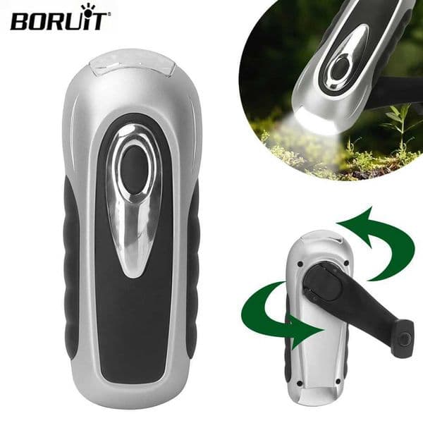 BORUIT LED Flashlight Hand Crank Dynamo Solar Power Torch Outdoor Camping Hiking Long-range Emergency Lanter Survival Gear SelfR260528