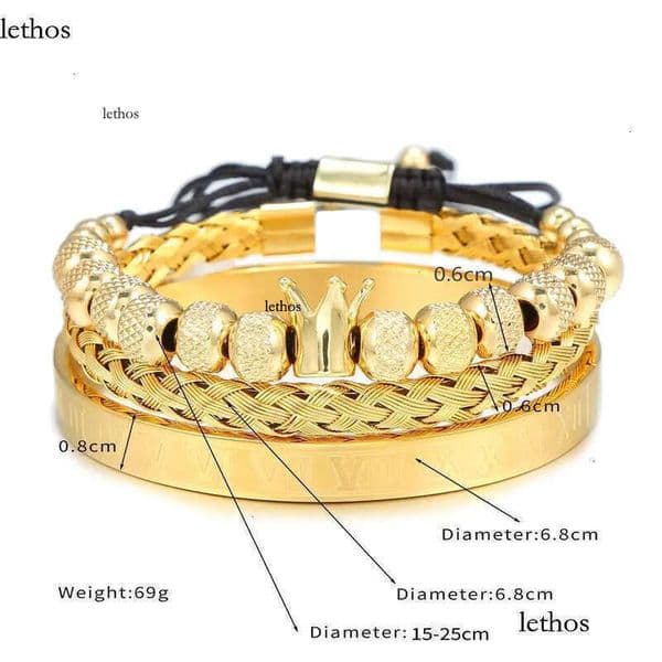 DHCollections Roman Letter Stainless Steel Men's Open Set Vintage King Crown Braided Bracelet for Men with 9 Beads