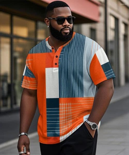 Men's Polos S-9XL Plus Size Striped Geometric Print Henley Polo Shirt Big Casual Modern Streetwear Short Sleeve Tops