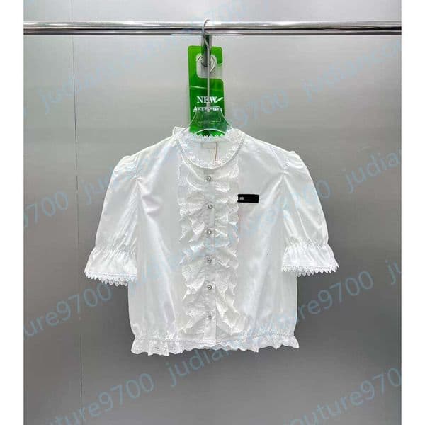 tops White women designer clothes Lace Ruffle Cropped Blouse Puff Short Sleeve Embroidered Brand miusLogo Patch Elastic Hem Exquisite Casual Top designer clothes