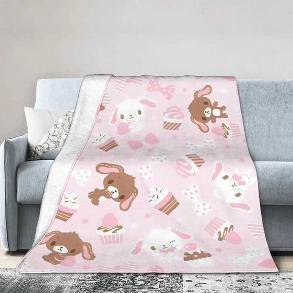 S-Sugar B-bunnies Kawaii Flannel Blanket - Cute Bunny Print Soft Throw Blanket for Bed Sofa Kids Bedroom Decor C260528