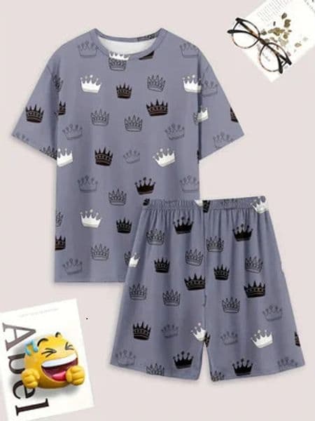 Mens casual pajama set crown printed Tshirt and shorts comfortable summer sleepwear 260528