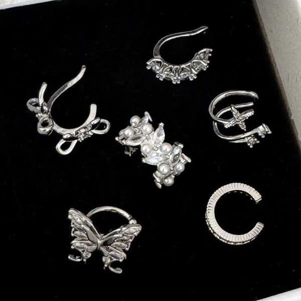 Silver Color Zircon Imitation Pearl Bowknot Star Clip Earrings for Women Minimalist Fashion Jewelry Cute Accessories M260527