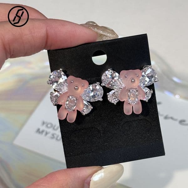 2026 Original Design Luxury Titanium Steel Silver Plated Ice Pink Bear Bow Stud Earrings, Aesthetic Zircon Rhinestone Sweet Hypoallergenic Jewelry Wholesale