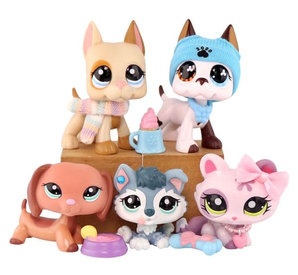 5 pcs LPS Toy Mini Pet Shop Little Pet Figure Great Dane 1647 577 Dachshund 2046 Husky Puppy 2036 Crouching Cat 1628 Collectible Kid Gift Playset