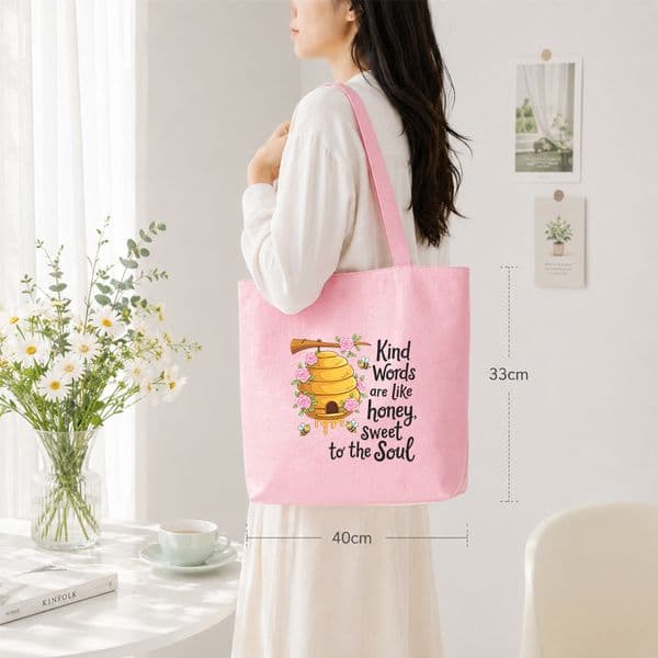 Pink Tote Bag Kind Words Are Like Honey Beehive Print Cute Inspirational Aesthetic Shoulder Bag Eco Friendly Reusable Handbag Custom Logo Available