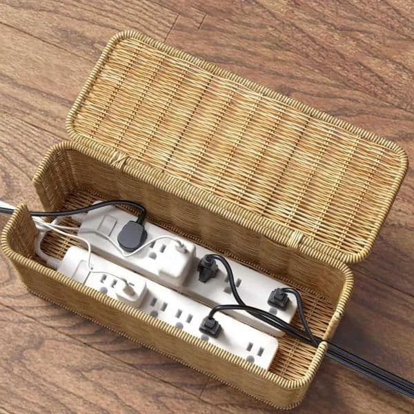 Handwoven Cable Management Box with Lid Hide Power Strip and Router Imitation Rattan Box 2 Open Slots Cord Organizer Hider Box J260528