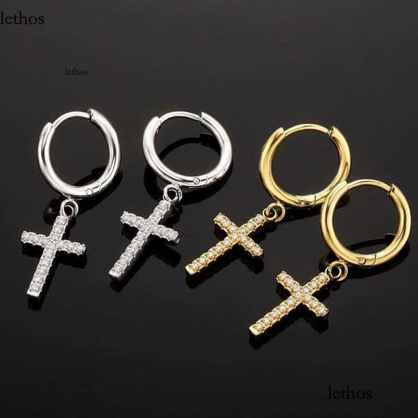 Stainless Steel Gold Plated CZ Cross Hoops for Men Women Fashion Bling Stud Earrings Nice Gift