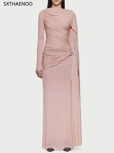 SXTHAENOO Slimming Spliced Folds Temperament Dresses Women Round Neck Long Sleeves Patchwork Ribbon Dress Female Clothing 2026 260528