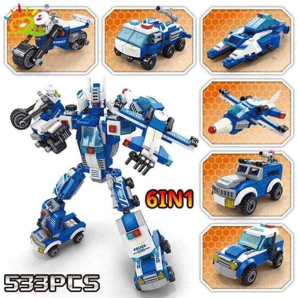 HUIQIBAO 533pcs 6in1 Police Truck Building Blocks Ci Construction Helicopter Car robot Bricks Set For Children Toys Kids Gift C260306 Y260528