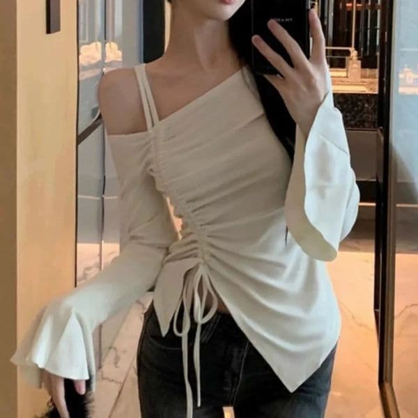 Pure Desire Style Irregular Fashion Girl Tight Top For Women Lotus Leaf Sleeves Cinched Waist Offtheshoulder Base Layer 260528