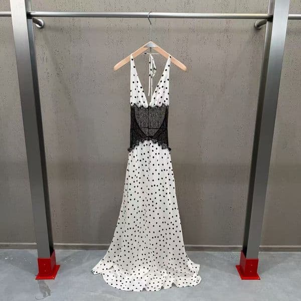 2026 Spring New High-End European and American Style Elegant Polka Dot Lace Patchwork Waist-Cinching Halter Neck Sexy Dress for Women