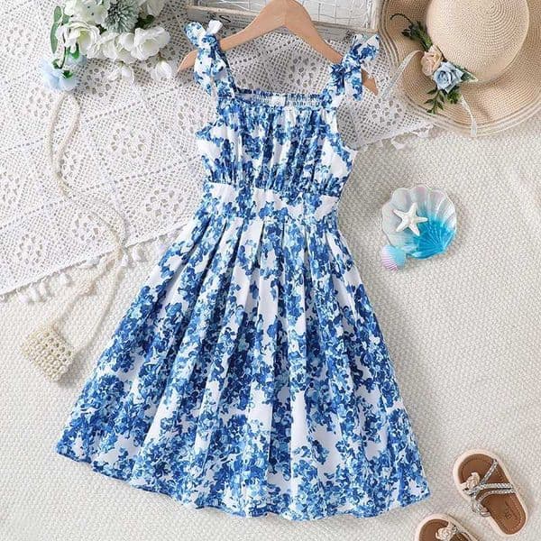Girls 8-12 Blue White Floral Dress Ruffle Strap Smocked Bodice Casual Summer Kids OutfitT260528