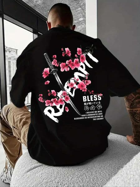 Samurai Sword and Cherry Blossom Graphic Tee for Men Breathable 100 Cotton Perfect for Summer Streetwear Trendy Japanese Style D260528