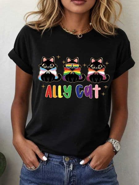 ilstile Ally Cat LGBTQ Pride 2026 Women T-Shirt Funny Black Cat Rainbow Graphic T Casual Short Slve Summer Top D260528