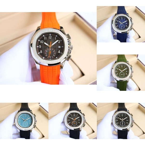 patel philipes watch Luxury Sport Chronograph Watch Orange Rubber Strap Silver Stainless Steel Case Brown Dial Men's Wristwatch