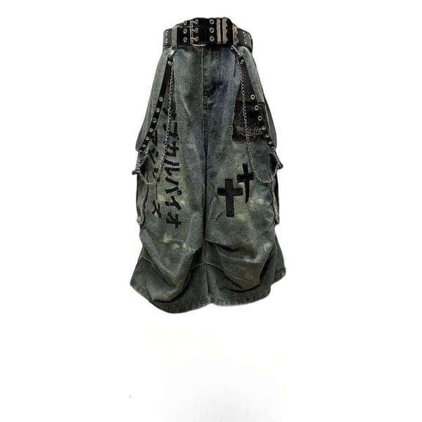 Dark-colored women's summer cropped jeans a with distressed wrinkles and patchwork, wide-leg mid-length pants in wasteland style